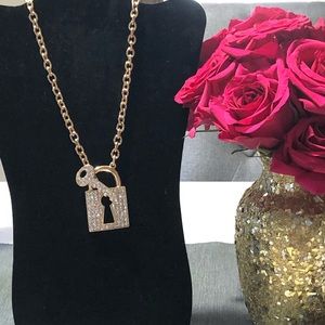 Gold & rhinestone key and lock toggle necklace